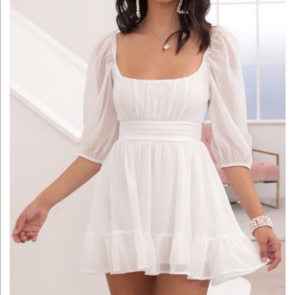 Lucy in the Sky Neia Ruffle Dress in White Chiffon
